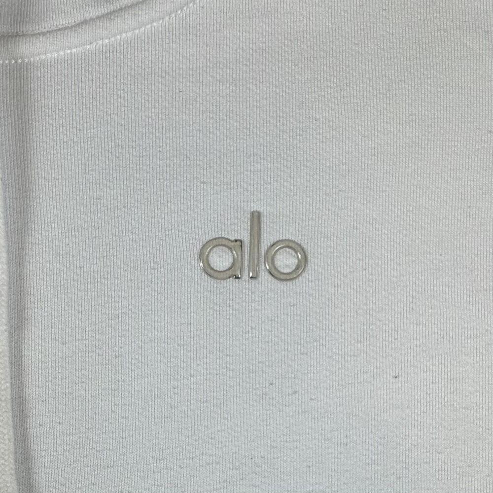 Alo Cropped Hoodie Womens Large White Fleece Kangaroo Pocket Pullover Sweatshirt - Picture 2 of 9